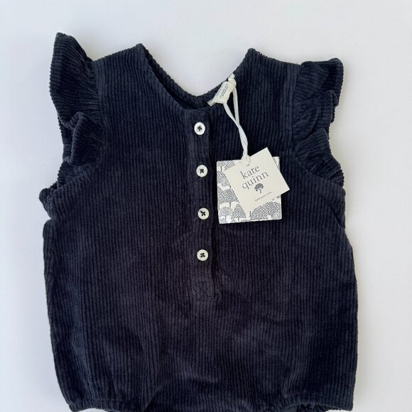 Kate Quinn Corduroy Ruffle Bubble Romper | Button Front & Snaps | Blac | 18–24M - Picture 1 of 7